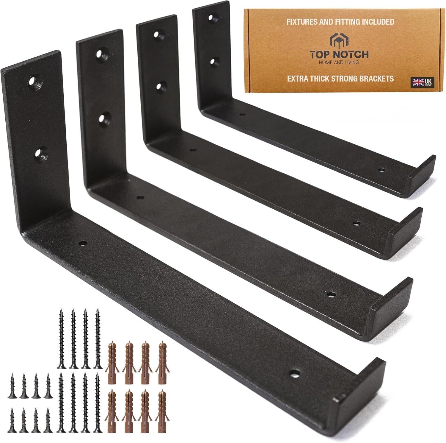 Top Notch Home and Living Heavy Duty Metal Shelf Brackets | Steel Bracket for Wooden Wall Shelves | Support 40kgs | Hardwearing | Incl Fixtures & Fittings (Black, Pack of 4 Up Brackets)