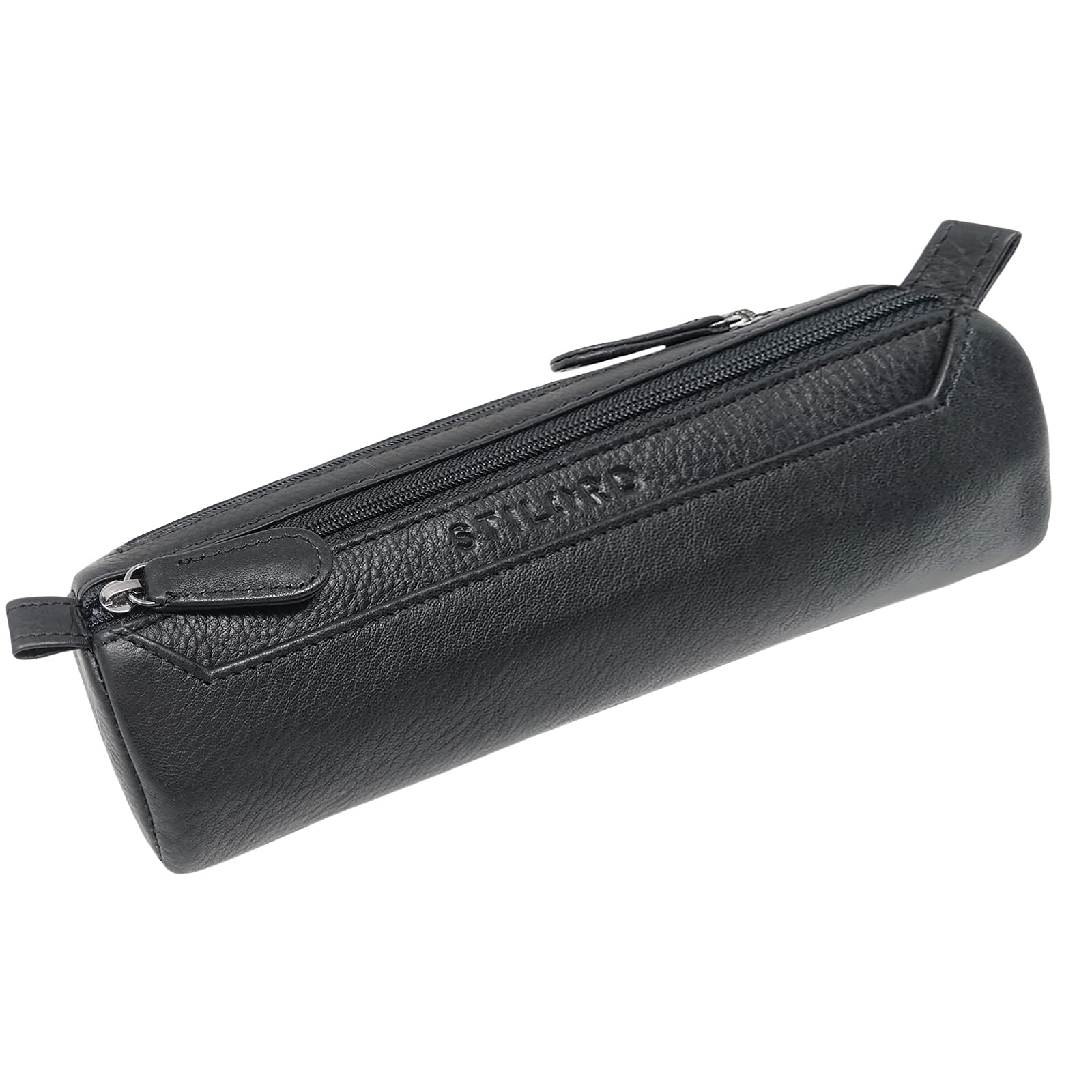 "Jim" Leather Pencil Case Vintage | Large 2-Compartment Round Pen Holder for Men and Women | Genuine Leather Pouch Stationary Organizer Colour:Black