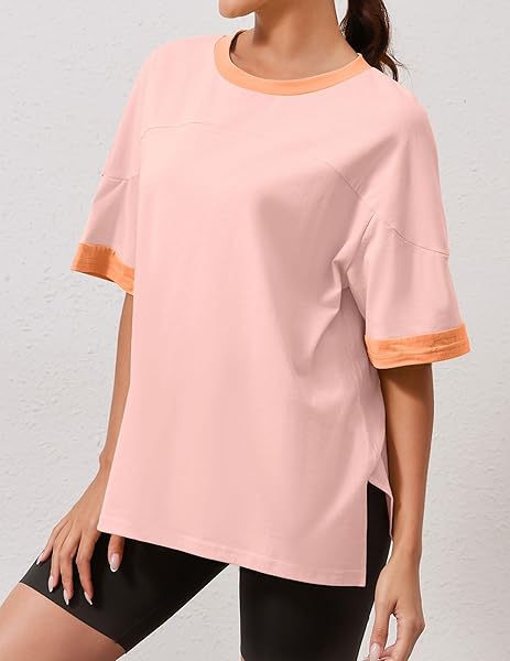 ZIESEXY OVERSIZED TSHIRTS FOR WOMEN COTTON COLOR BLOCK LOOSE FIT SHORT SLEEVE ROUND NECK CASUAL BASIC SUMMER TEE TOPS PINK, MEDIUM