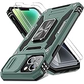 DEERLAMN Case for iPhone 13/iPhone 14 6.1-Inch with Slide Camera Cover+Screen Protector(2 Packs),Rotated Ring Kickstand Military Grade Shockproof Protective Cover-Green