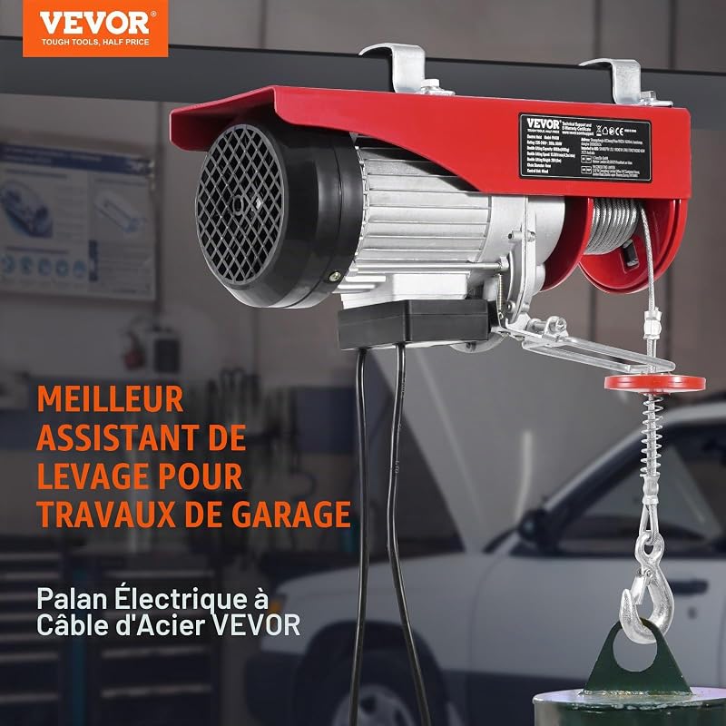 Palan Électrique, Charge Double Câble 400 kg, Télécommande Filaire 4,2 m, Hauteur Levage à Câble Simple 12 m, Élingue Simple Double, Arrêt d'Urgence, Palan Élévateur pour Garage, Entrepôt, Usine