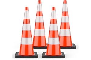 (4 Pack) BATTIFE Traffic Cones 36 Inch with Black Weighted Base, PVC Orange Cone for Traffic Control,Construction Events, Driveway Road Parking Lot