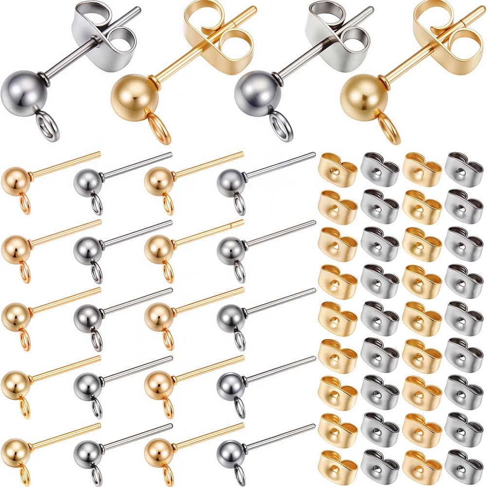 SOFPLATE 1 Box 100Pcs Ball Post Earring Studs Hypoallergenic Earring Posts Silver Stainless Steel Ear Studs with Butterfly Ear Back and Loop Round Stud Earring Findings for jewellery Making Supplies D