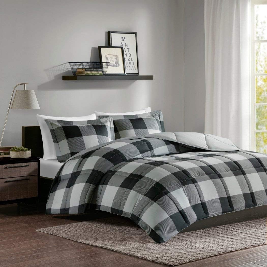 MPN 3 Piece Black Grey Plaid Comforter Full Queen Set, Gray