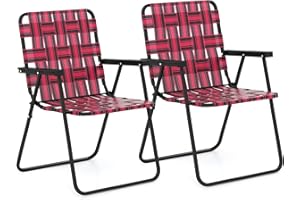 GYMAX Folding Chair, Patio Lawn Chair Set with Armrest, Indoor/Outdoor 2 Pack Webbed Lightweight Dinning Chair, Portable Beach Chair for Outside, Poolside, Backyard (Red, 2)