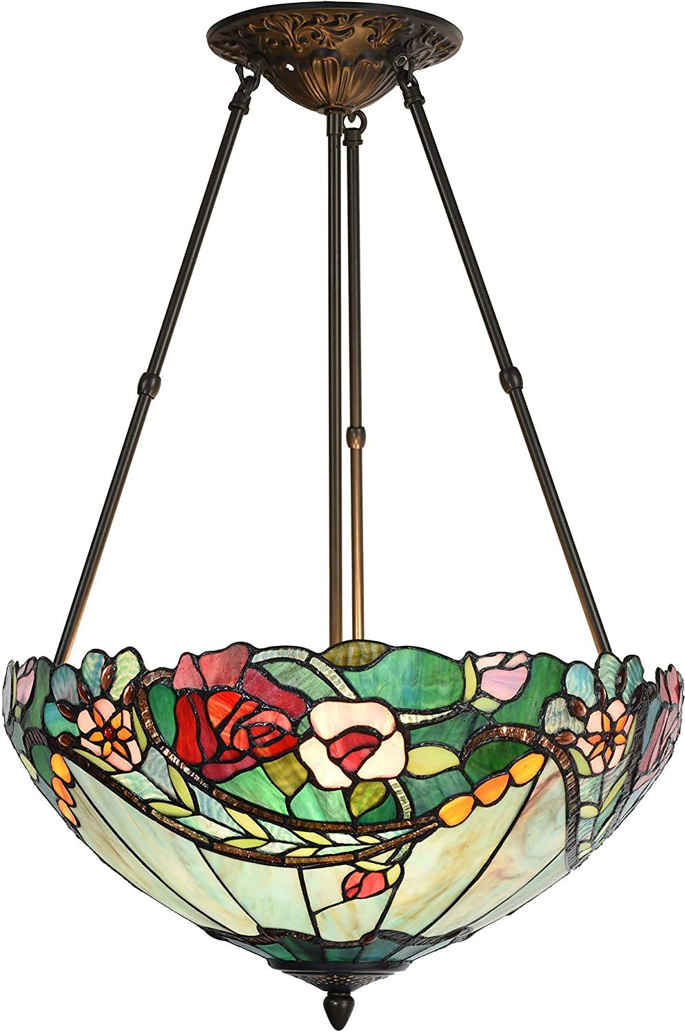 Bieye L30741 Rose Flower Tiffany Style Stained Glass Ceiling Pendant Light with 18-inch Wide Lampshade, 3 Lights