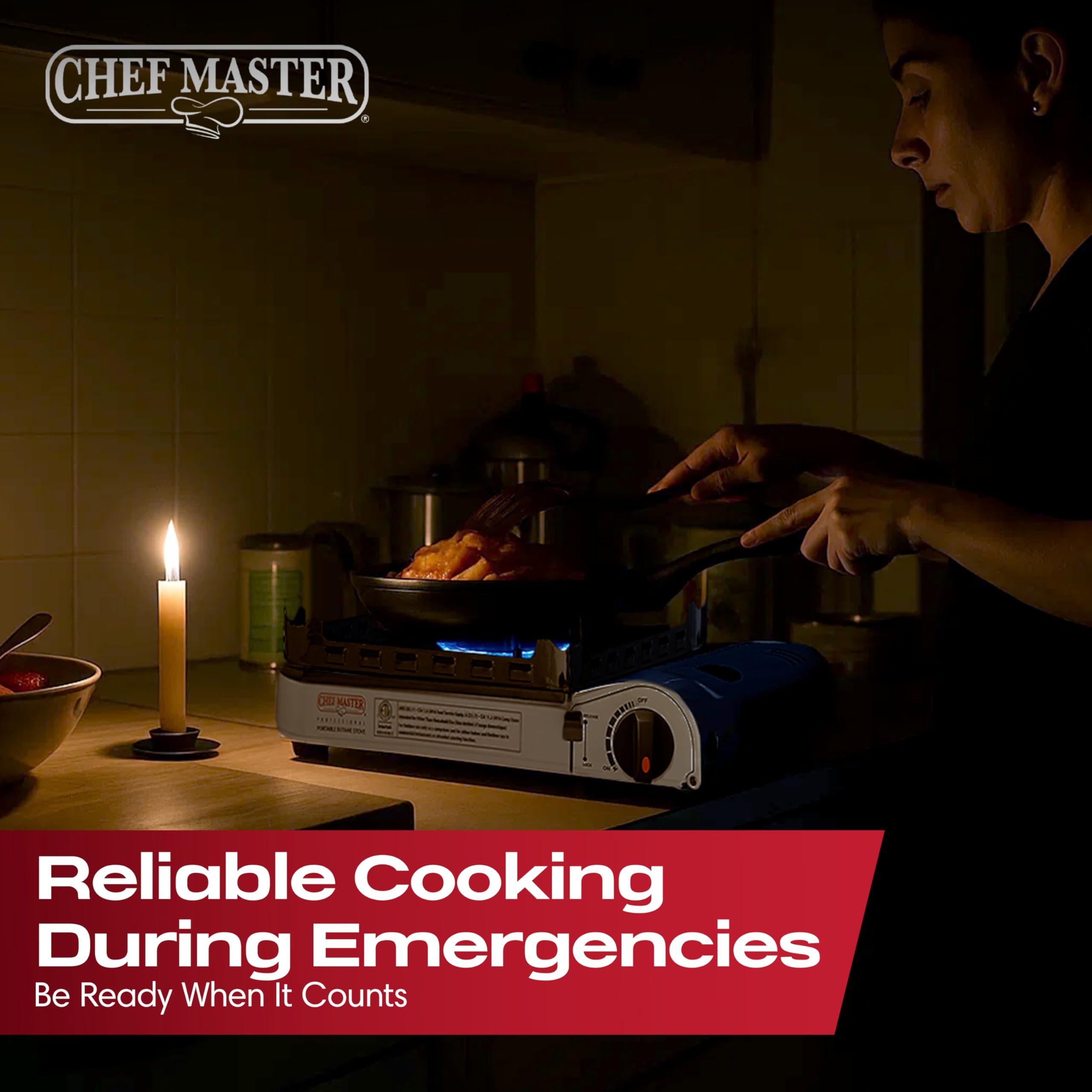 Chef Master 15,000 BTU Butane Portable Camp Stove | Double Wind-Guard Portable Stove Burner w/Piezo Click Ignition for Emergencies, Tailgating, Hiking, Backpacking & Camping Essentials - 90019