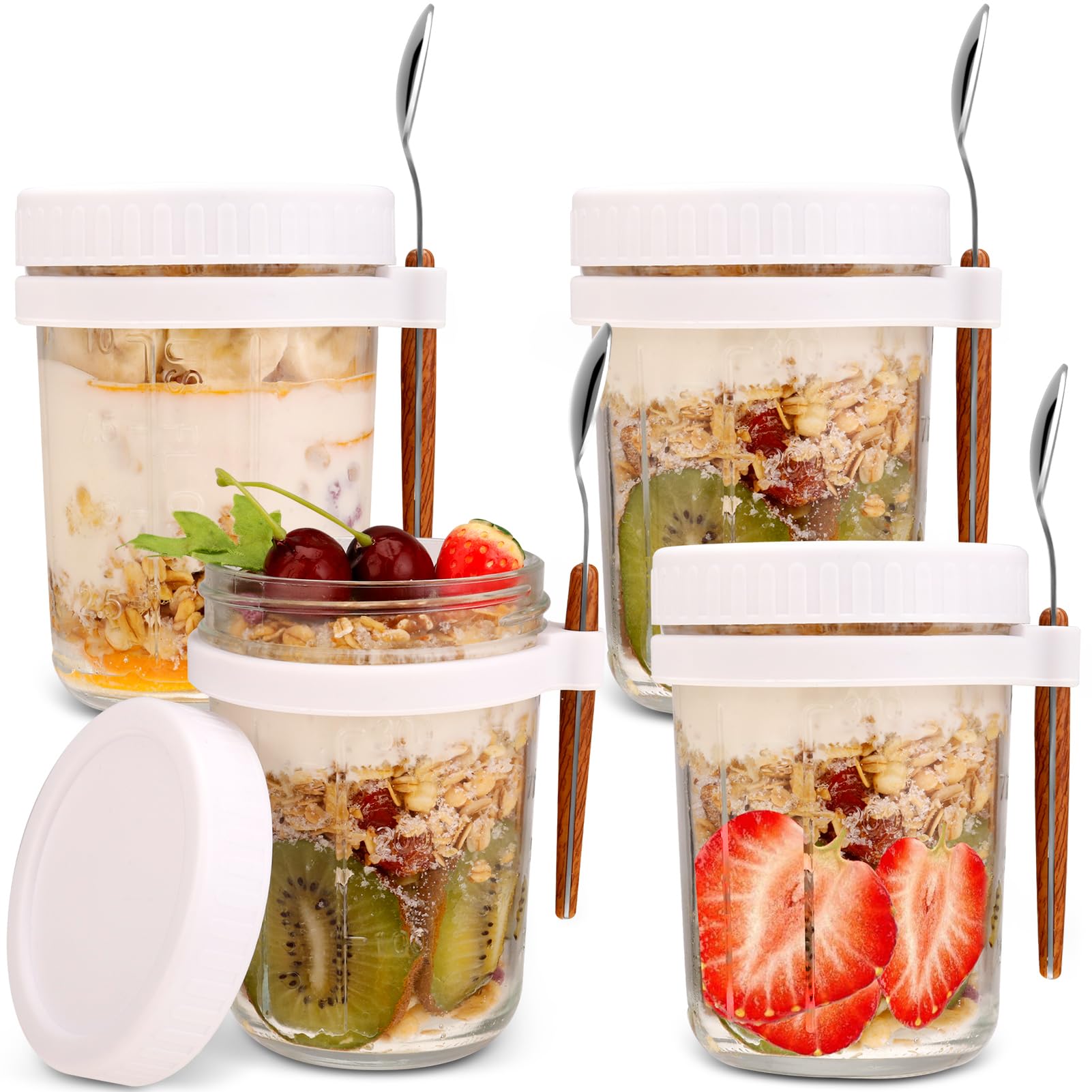Opopark 4 Pack Overnight Oats Jars, 12oz Glass Containers with Lids and Spoons, Airtight Breakfast Jars with Measurement Marks for Milk Cereal Fruit Yogurt Chia Pudding