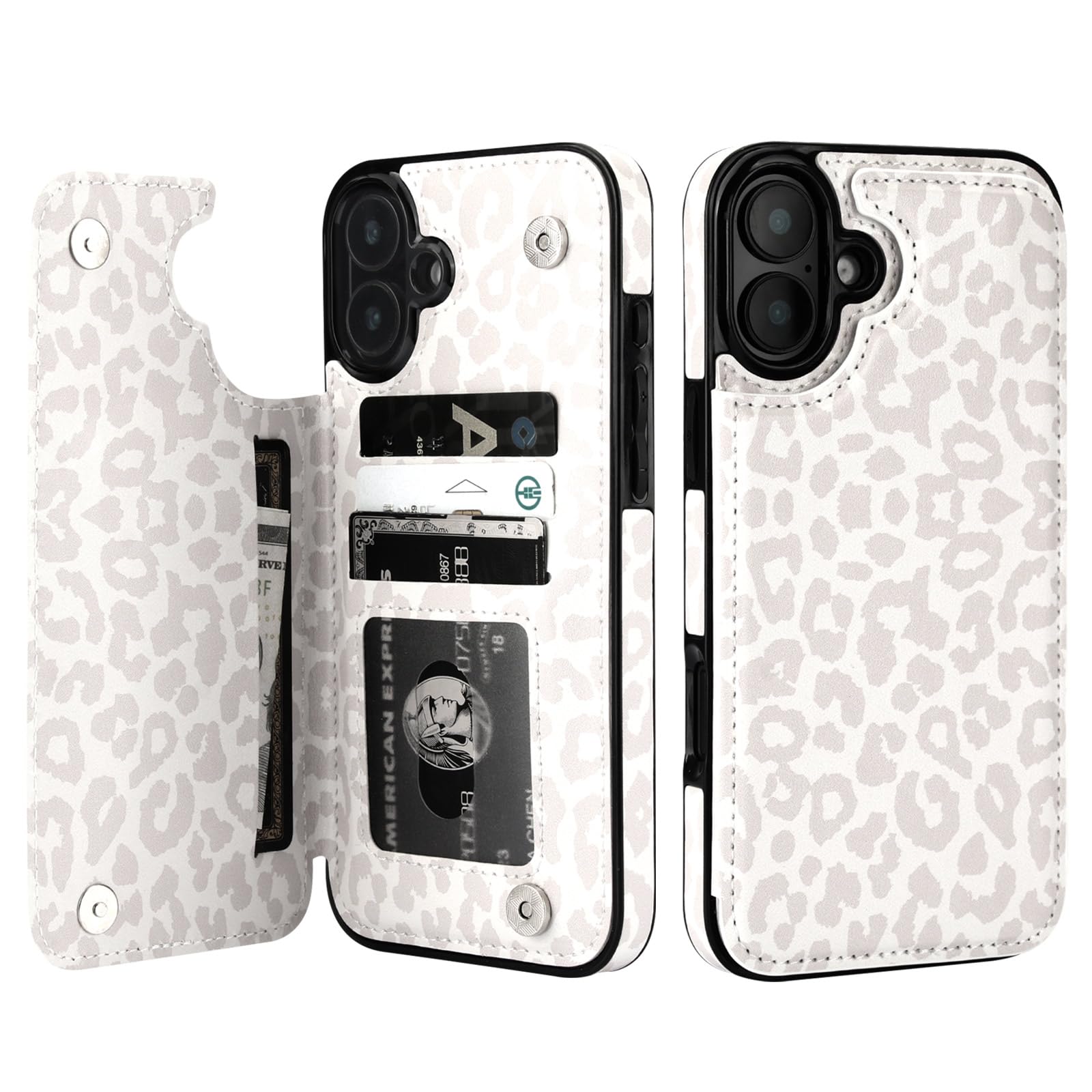 Photo 1 of HAOPINSH for iPhone 16 Plus Case Wallet with Card Holder, White Leopard Cheetah Pattern Back Flip Folio PU Leather Kickstand Card Slots Case for Women Girls, Double Magnetic Clasp Shockproof Case 6.7"