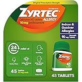 Zyrtec 24 Hour Allergy Relief Tablets, Indoor & Outdoor Anti Allergy Medicine with 10 mg Cetirizine HCl per Antihistamine Tablet, Relief from Runny Nose, Sneezing, Itchy Eyes & More, 45 ct