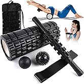 6 in 1 Foam Roller Set with High Density Massage Ball, Yoga Stick, Stretching Strap, Spiky Ball, Bag - Deep Tissue Trigger Point Massage Tool Workout Set - Back Stretcher Muscle Massager for Home