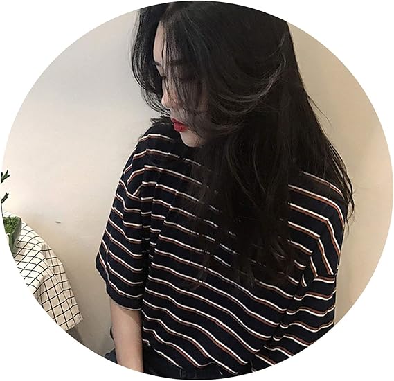 Amazon Co Jp 春と夏の韓国の大学風ストライププリント緩い薄いtシャツ女子学生ラウンドネック半袖多目的シャツ新しい ワンサイズ 海軍 服 ファッション小物