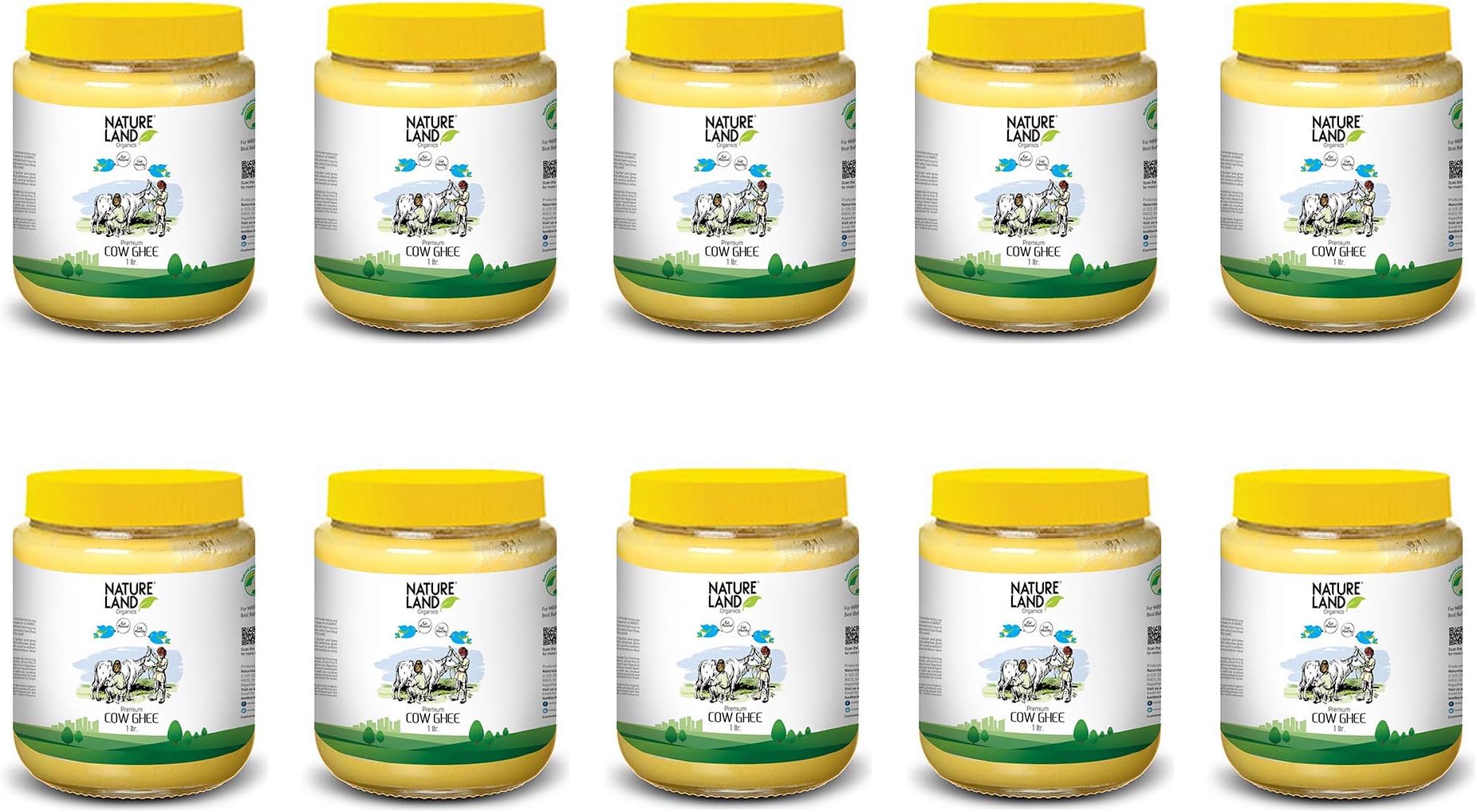 Natureland Organics Premium Cow Ghee 1Ltr (Pack of 10) - 100% Organic Indian Desi Cow Ghee - 10 LTR Total