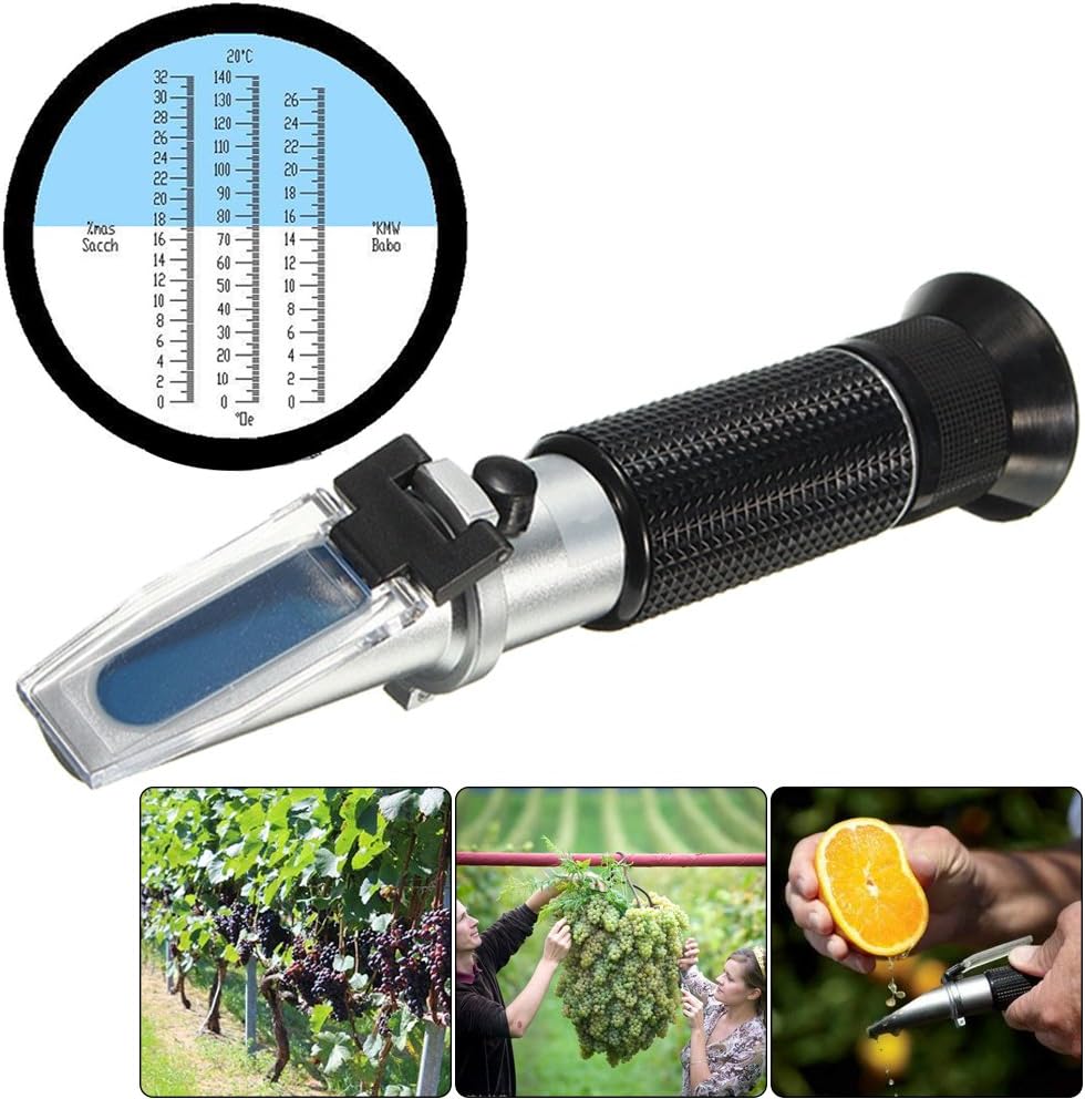 Digital Handheld Sugar Refractometer ATC Dual Scale Range 0-32 SACCH (sugar) 0-140 Oechsle 0-26 KMW pipettes with Automatic Temperature Compensation for Wine Making and Beer Brewing fruit juice