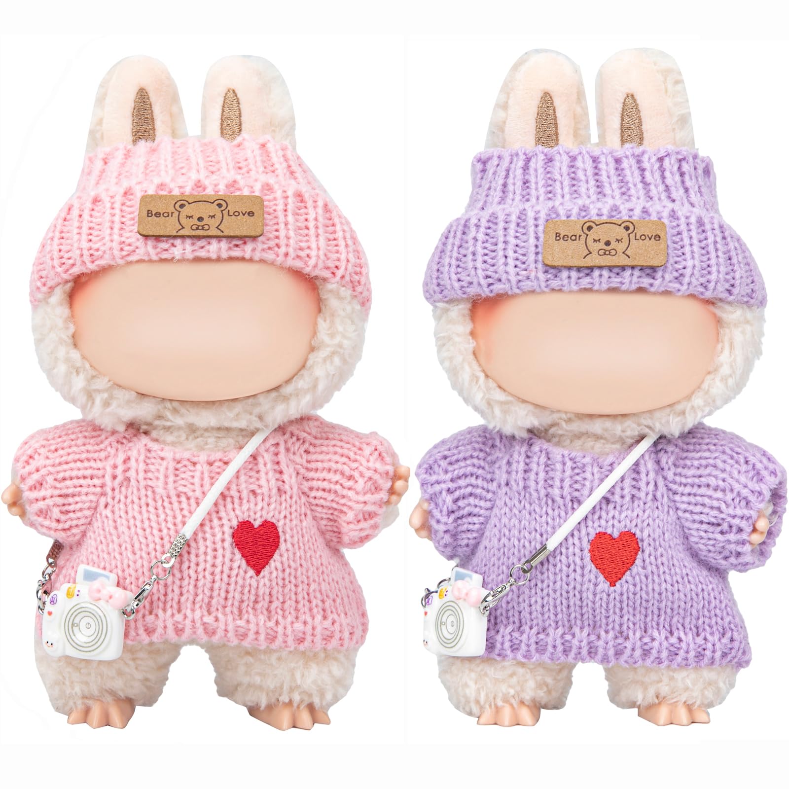 Vintay Handmade Pink&Purple Knit Doll Clothes for Labubu 17cm – Cute Sweater + Hat + Camera (2 Pack), Machine Washable Soft Yarn, Gift Box Ready, Stylish Doll Outfits for Photography (No Doll)