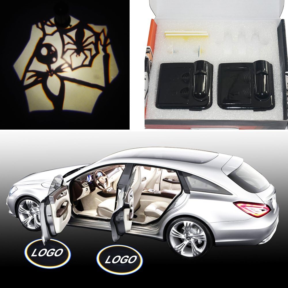 SHE'O 2x Spidernet Jack Skellington Pumpkin King Black Wireless car door LED welcome shadow ghost light projection laser projector light Magnet Sensor Powered by battery