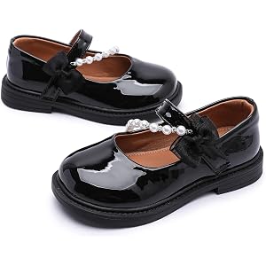 DADAWEN Girls Mary Jane Dress Shoes Flower Girl Shoes Bow Pearls Ballet Princess Flats for Wedding Party School Shoes (Toddle