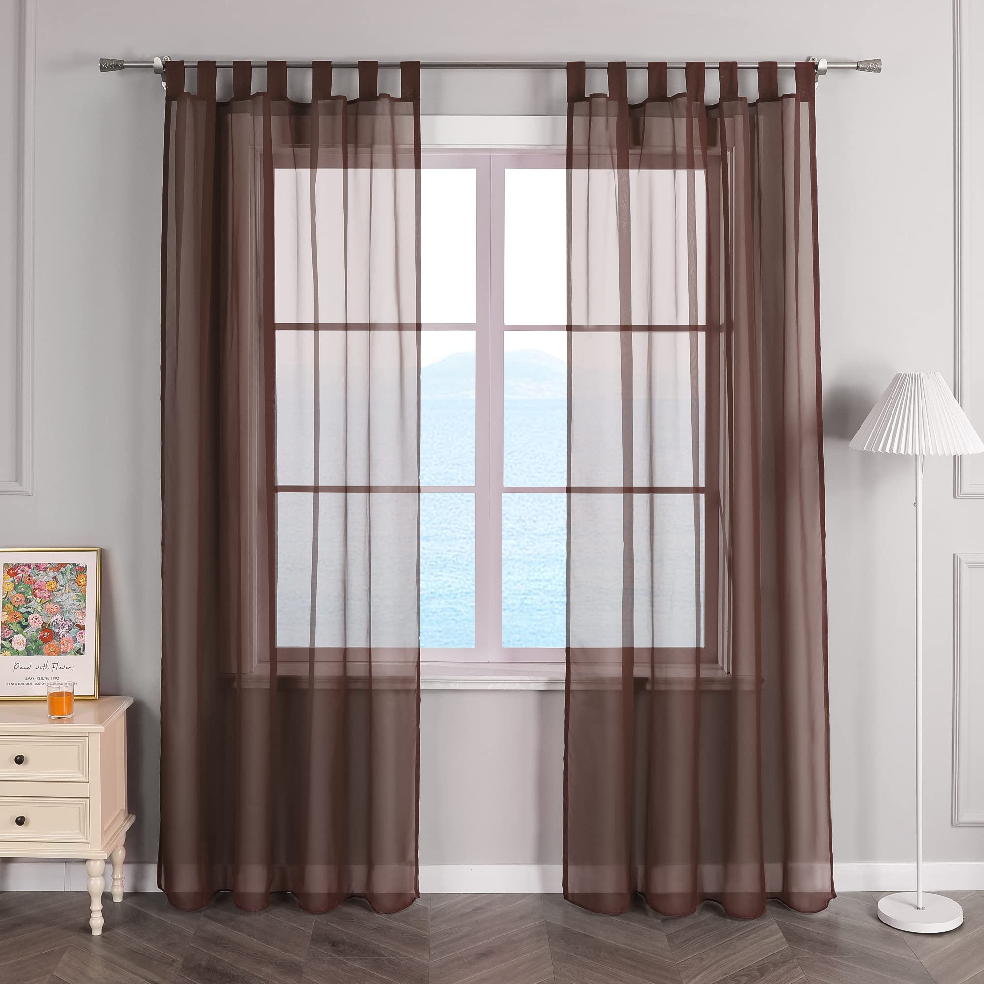 ESLIR Curtains with Tabs Window Curtain Transparent Tab-Top Voile Brown W x H 140 x 245 cm 1 Piece