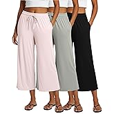 Real Essentials 3 Pack: Women's Ultra-Soft Wide Leg Loose Capri Open Bottom Pants - Yoga Lounge Pockets(Available in Plus)