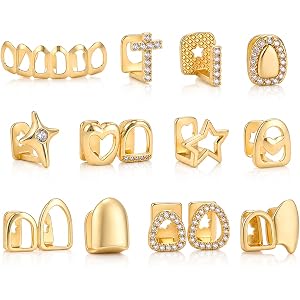 Huwena 12 Pcs Teeth Grills Caps for Women Men Hip Hop Fake Tooth Cap Dental Grill Jewelry Braces Kit Reusable & Comfortable f