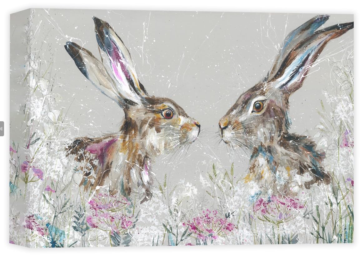 Artko Hares in a Floral Meadow Canvas Print - Penelope and Patrick Painting by Nicola Jane Rowles - Contemporary Animal Themed Artwork - Ready to Hang Home Décor - 40 x 30cm