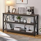 FATORRI Console Table for Entryway, Sofa Tables Behind Couch, Rustic Wood and Metal Foyer Table with 3 Tier Shelves for Hallway Living Room, Front Door (55 Inch, Walnut Brown)