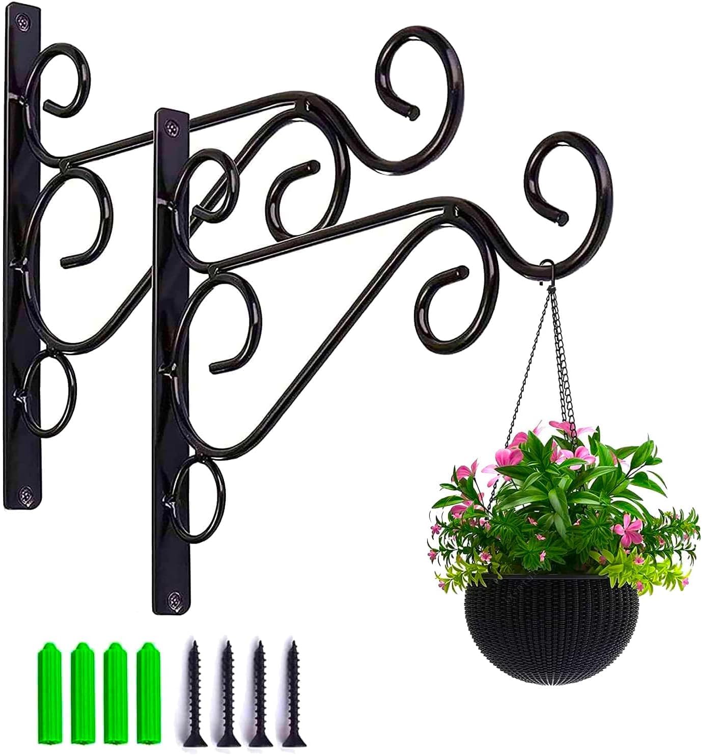 MAIREULB Wall Hook Hanging Plant Bracket, 2 Pcs Garden Brackets Hanging Flower Pot Hangers with Screw for Lanterns, Bird Feeders Wind Chimes Planters Indoor Outdoor Decoration Hooks, Black