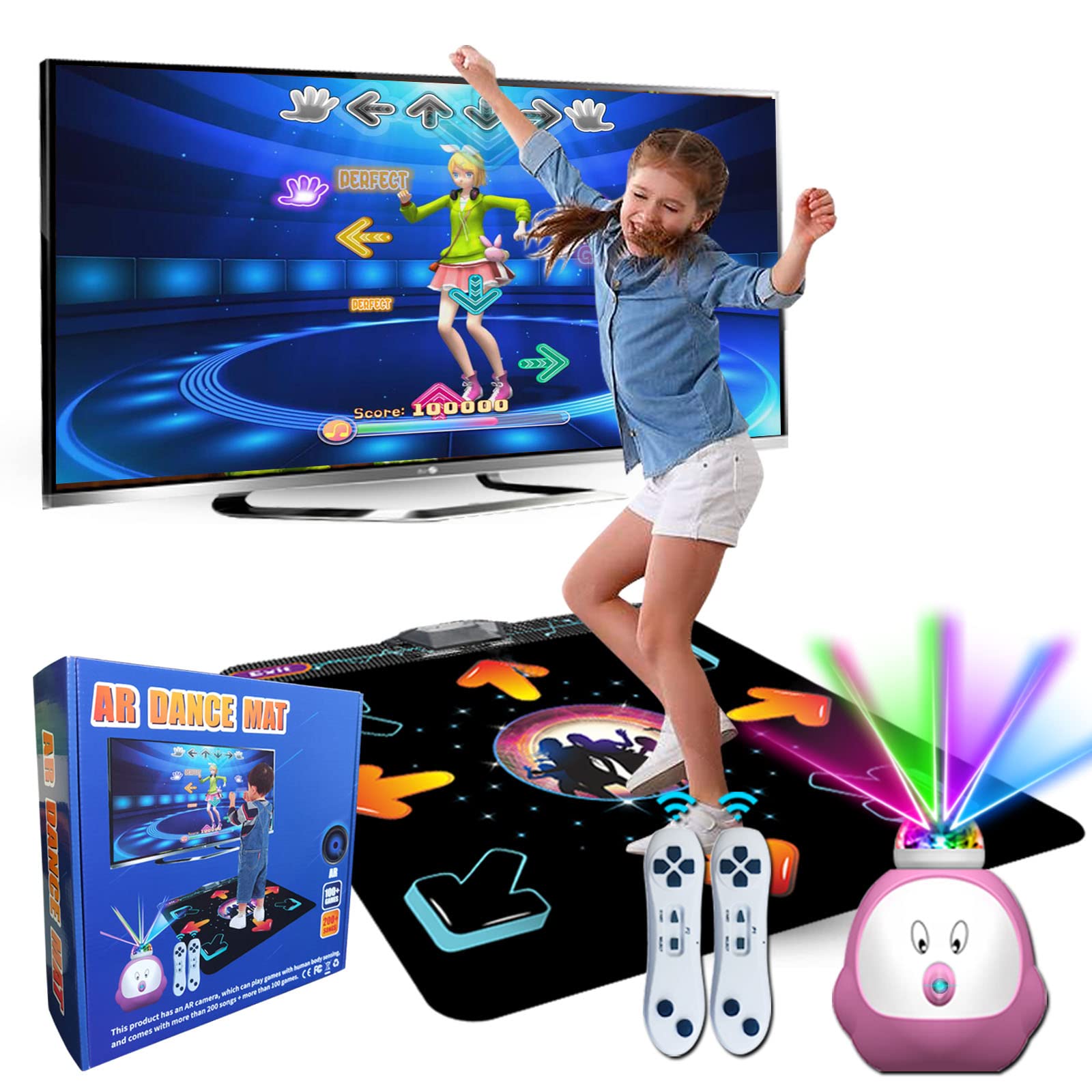 YRPRSODF Dance Mat for Kids & Adults, Musical Electronic Dance Step Pad with 100+ Games, 200+Songs, HD Camera, 2 Wireless Motion Sensor Controllers, MTV& Cartoon Mode, Toy Gift for Girls& Boys age 3+