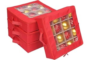 ProPik 4 Pcs Christmas Ornament Storage Boxes with Dividers | 4 Individual Trays Hold 64 Holiday Decoration Balls | Durable Ornaments Organizer Storage Box | Zippered Closure with Handles (Red)