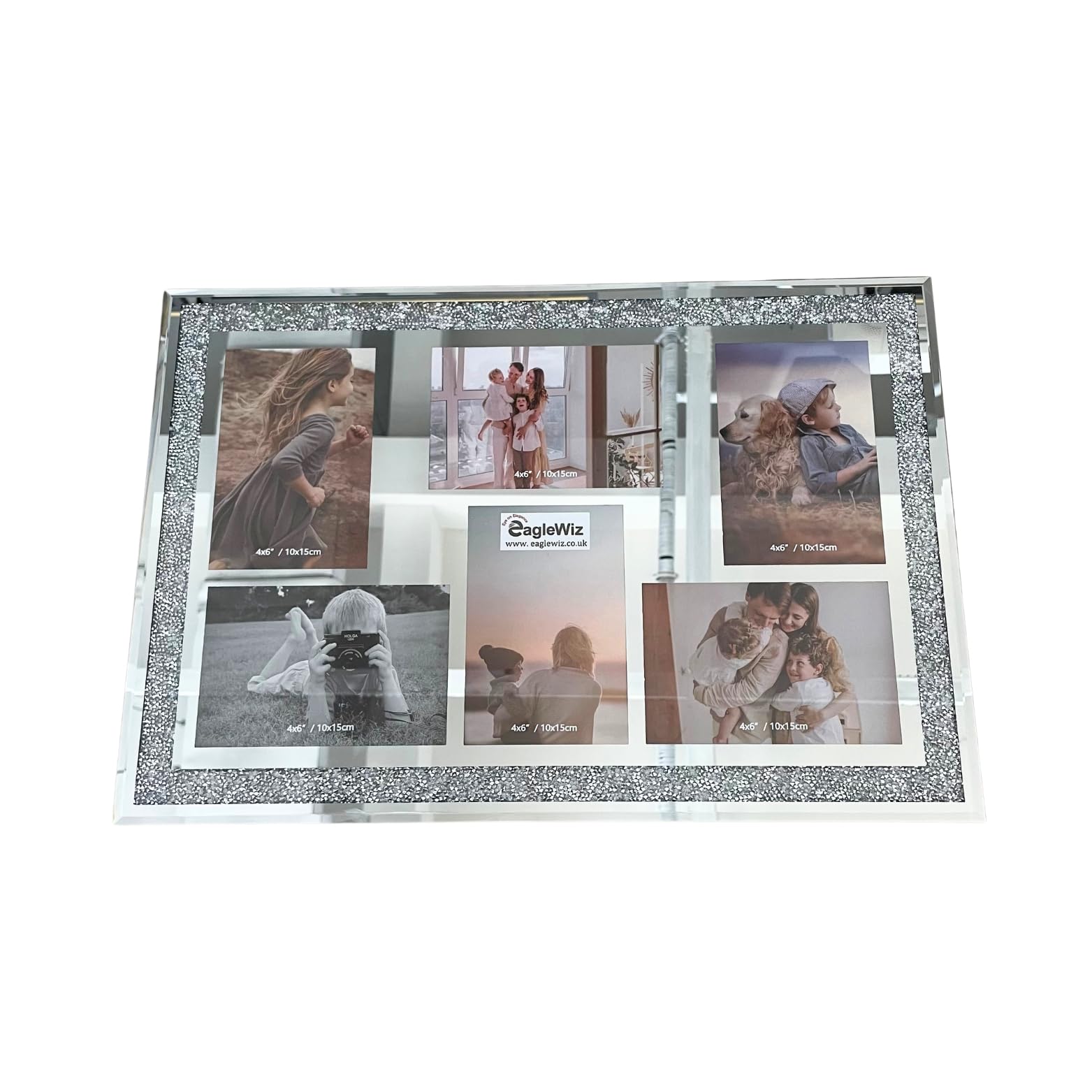 EagleWiz Crystal crushed jewel mirrored diamond Effect 6 Collage Photos Wall Frame Silver Mirror affect 4x6inch Wedding Gift