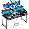 ODK Gaming Desk with Led Lights and Power Outlet, 48 Inch Computer Desk with Drawers and Keyboard Tray, PC Desk with Monitor Stand, Work Desk for Home Office, Black