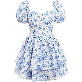RoseSeek Girl's Floral Summer Dress Layer Ruffle Sweetheart Neck Short Puff Sleeve A Line Casual Dress