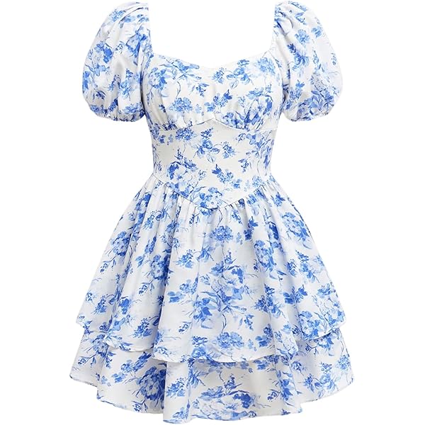 white dress with blue flowers short Lace-Up Short White Casual Dress with Blue Print Bluebell Floral / Large