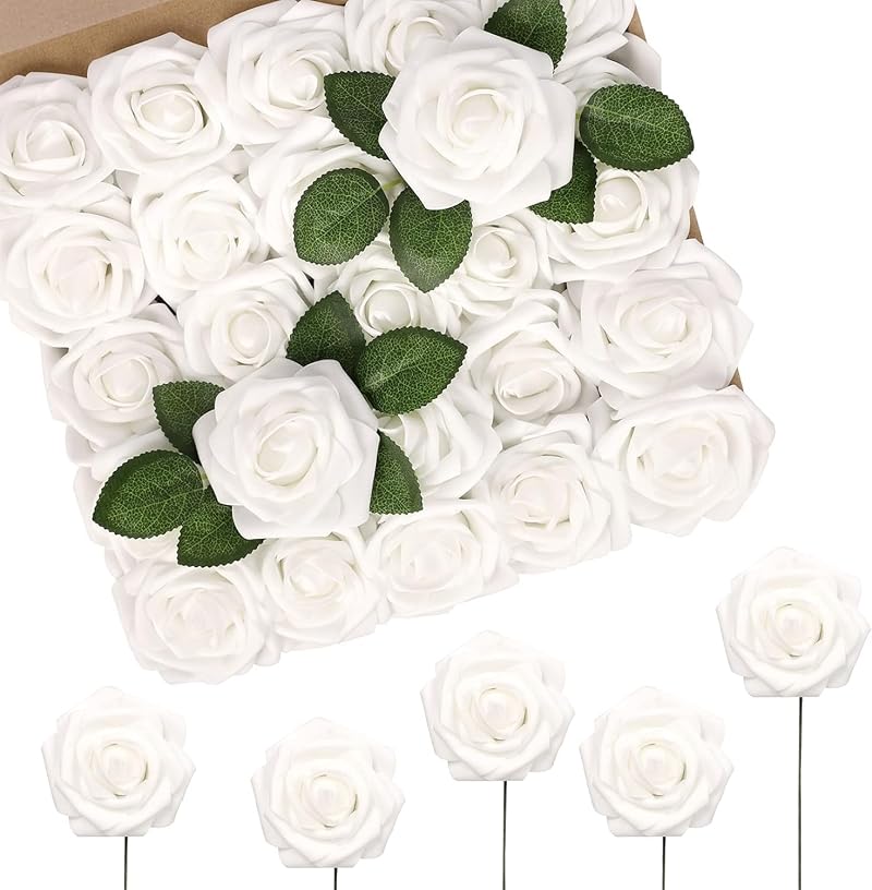 N&T NIETING 50pcs Artificial White Roses Real Touch Foam Flowers DIY Wedding