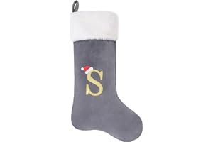 AUAWMLK 20-Inch Letter Embroidered Christmas Stocking Thick Grey Velvet with Super Soft Plush Cuff Personalized Festival Decoration for Xmas and New Year Party(Letter S)