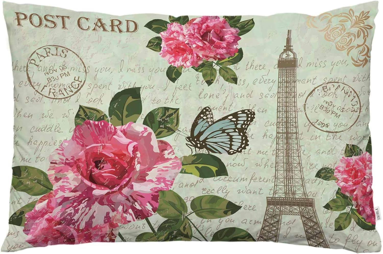 EKOBLA Throw Pillow Cover Eiffel Tower Vintage French Postcard Love Paris Romantic Flowers Butterfly Decor Lumbar Pillow Case Cushion for Sofa Couch Bed Standard Queen Size 20x30 Inch