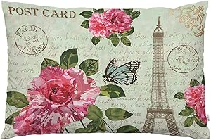 EKOBLA Throw Pillow Cover Eiffel Tower Vintage French Postcard Love Paris Romantic Flowers Butterfly Decor Lumbar Pillow Case Cushion for Sofa Couch Bed Standard Queen Size 20x30 Inch