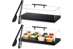 FoldTier 2 Pcs Rectangular Cake Stand Serving Tray with Lid and 9'' Serving Tong Acrylic Pastry Display Case 14 x 6 x 4 Inches Black Clear Platter Dessert Holder for Pastries Decorative Centerpiece