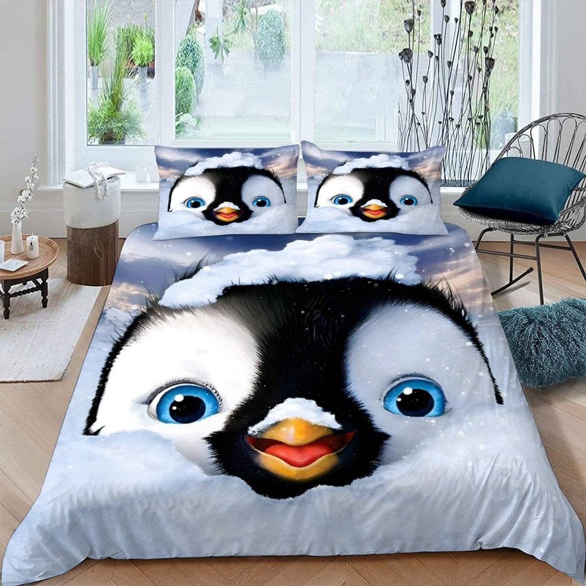 ALABOW Penguin Bed Linen Set 135 x 200 cm 2-Piece with Zip Soft and Comfortable Sleeping Comfort Microfibre Duvet Cover Winter Theme Children's Bed Linen with Pillowcase 80 x 80 cm