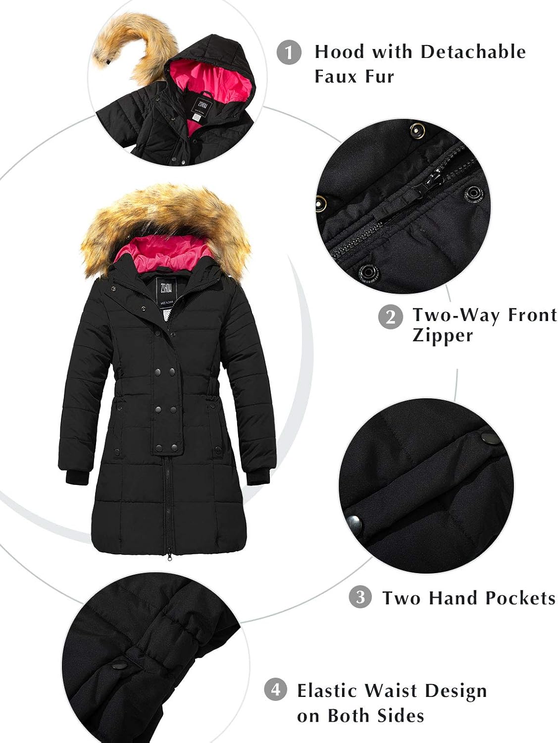 ZSHOW Girls' Long Winter Coat Parka Water Resistant Warm Puffer Jacket: Clothing