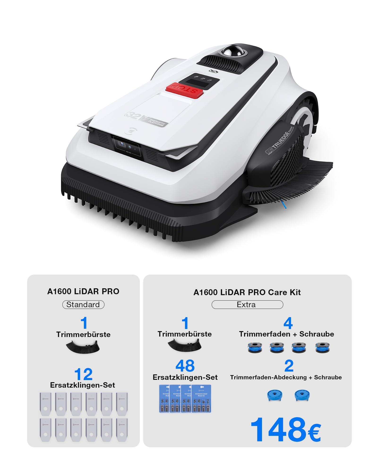 ECOVACS GOAT A1600 LiDAR PRO Care Kit Mähroboter ohne Begrenzungskabel, 1.600 m², 360° Dual-LiDAR-Navigation, automatische Kartierung, KI-3D-Hindernisvermeidung, superschnelles Laden, 50 % Steigung 2