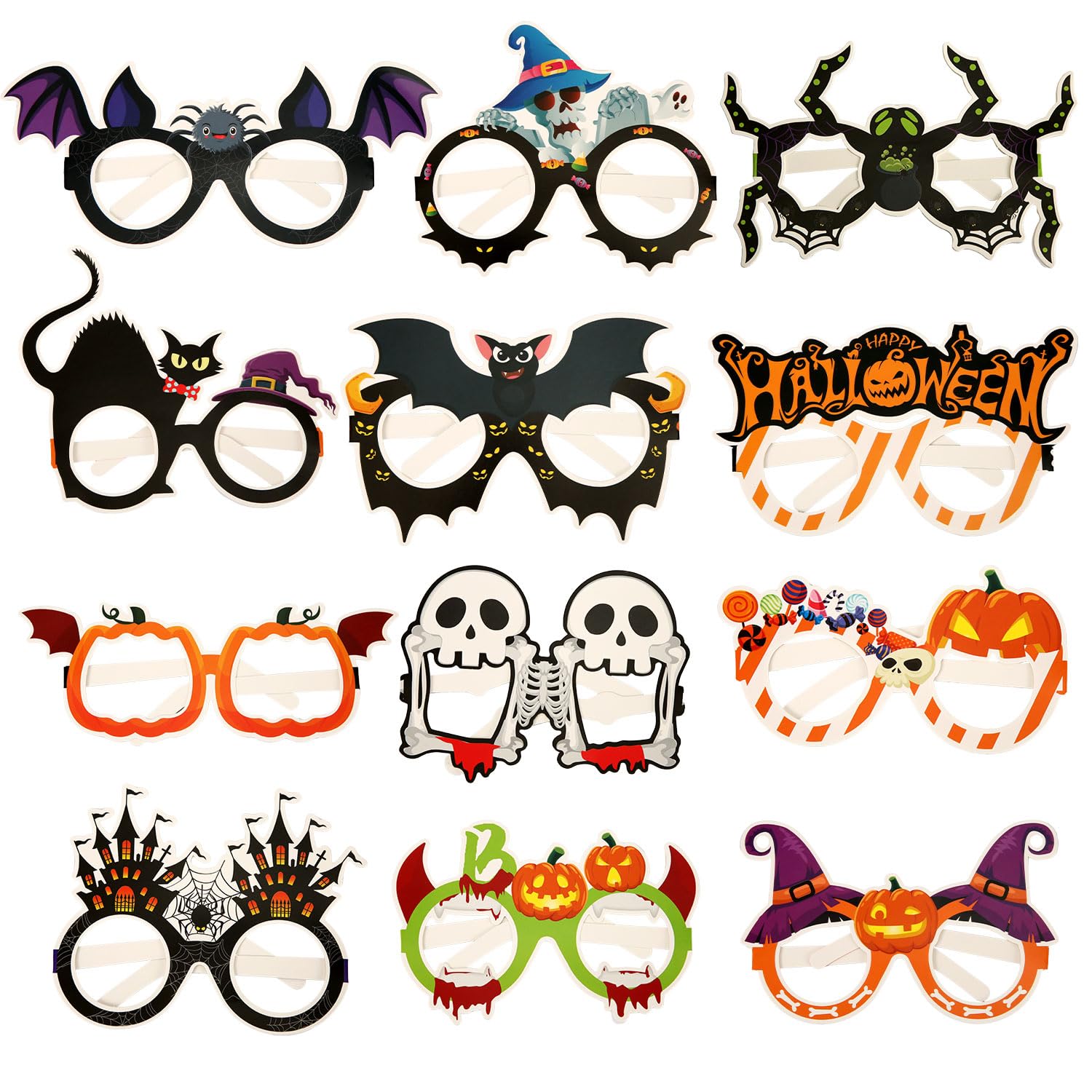 NQEUEPN 12pcs Halloween Glasses, 12 Styles Scary Paper Eyeglasses Assorted Party Favors Halloween Costumes Accessories for Kids Holiday Party Decorations Photo Props Novelty Gift