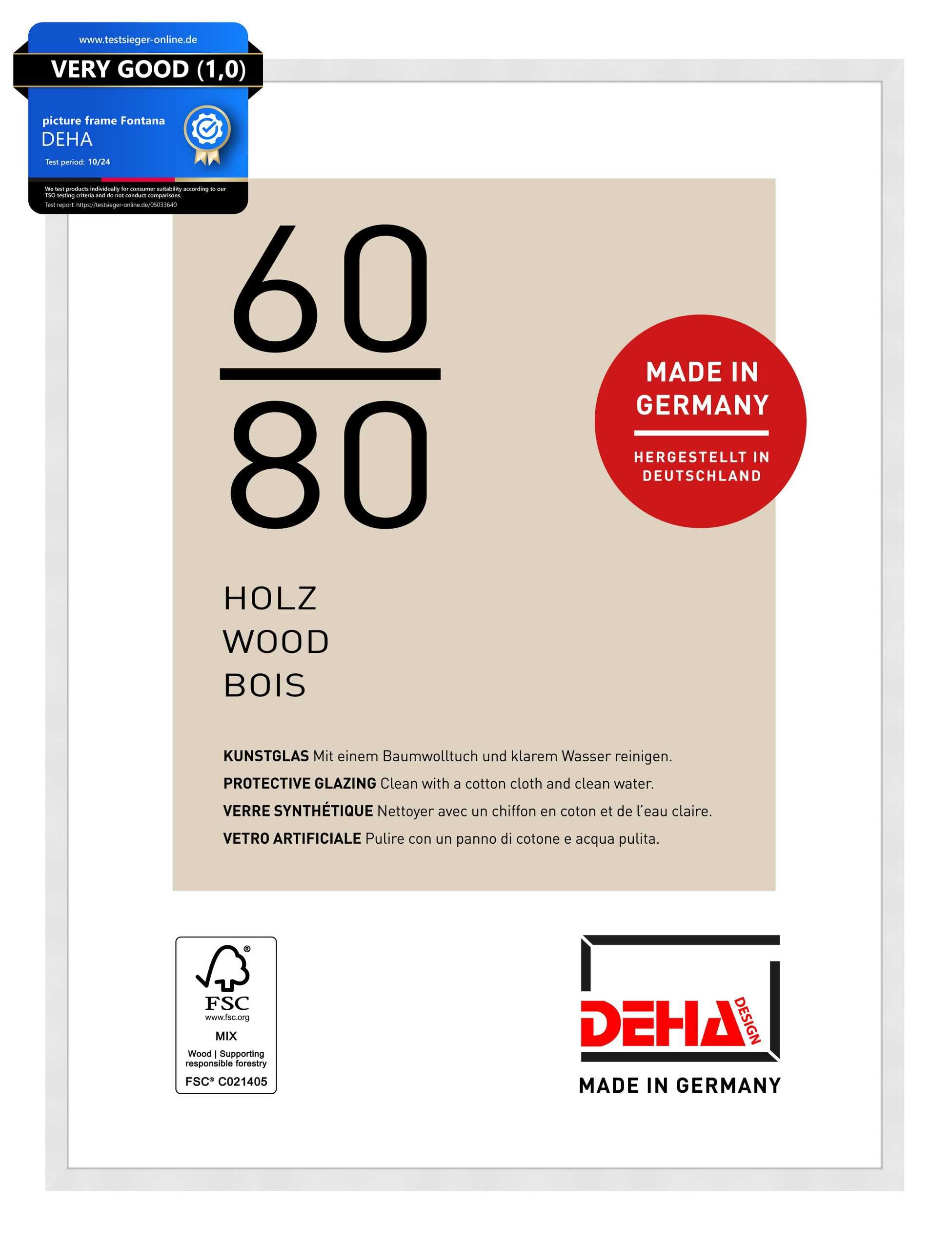 DEHA Design Fontana Wooden Picture Frame - 60x80 cm – White - with Synthetic Glass and Push/Turn Clips