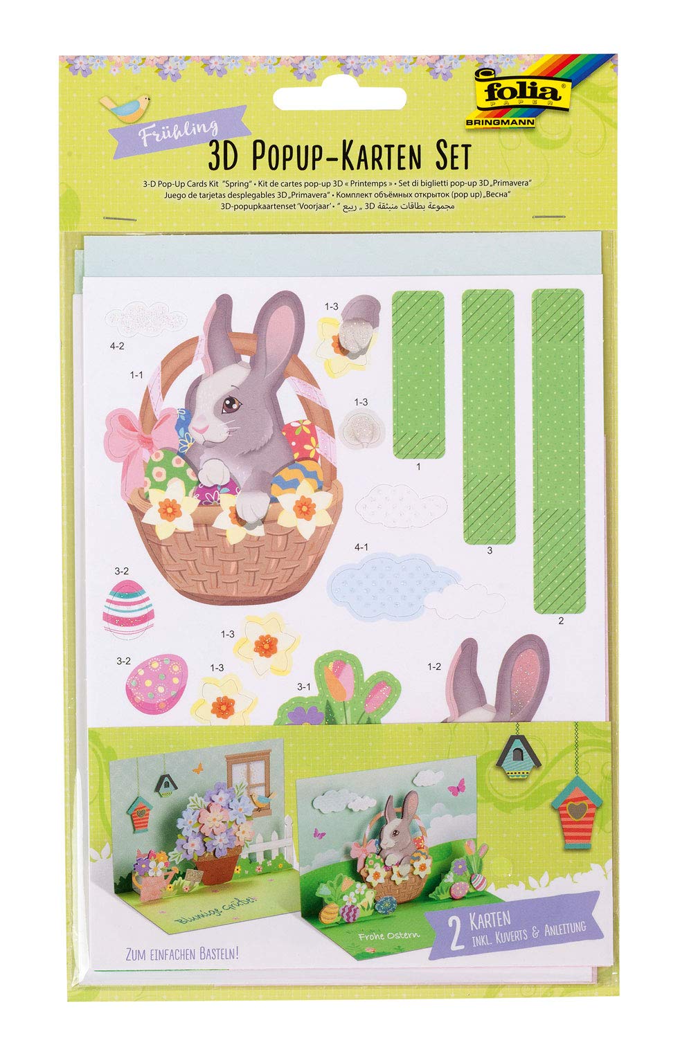 folia 11603 3D Pop Up Cards Spring Craft Set for 2 Greeting Cards Including 2 Envelopes with Die Cuts and 3D Adhesive Pads
