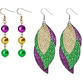 Fnuqz Mardi Gras Dangle Earrings Colorful Layered Shining Beaded Teardrop Earring Leaf Shape Dangle Earrings for Women Carnival Parade Holiday Jewelry