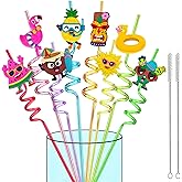 Hawaiian Luau Party Favor Drinking Straws 24Pcs -Summer Beach Pool Birthday Party Supplies-Crazy Silly Straws -Reusable Plastic Drink Straw for Tropical Luau Theme Party Decorations+2 Cleaning Brushes