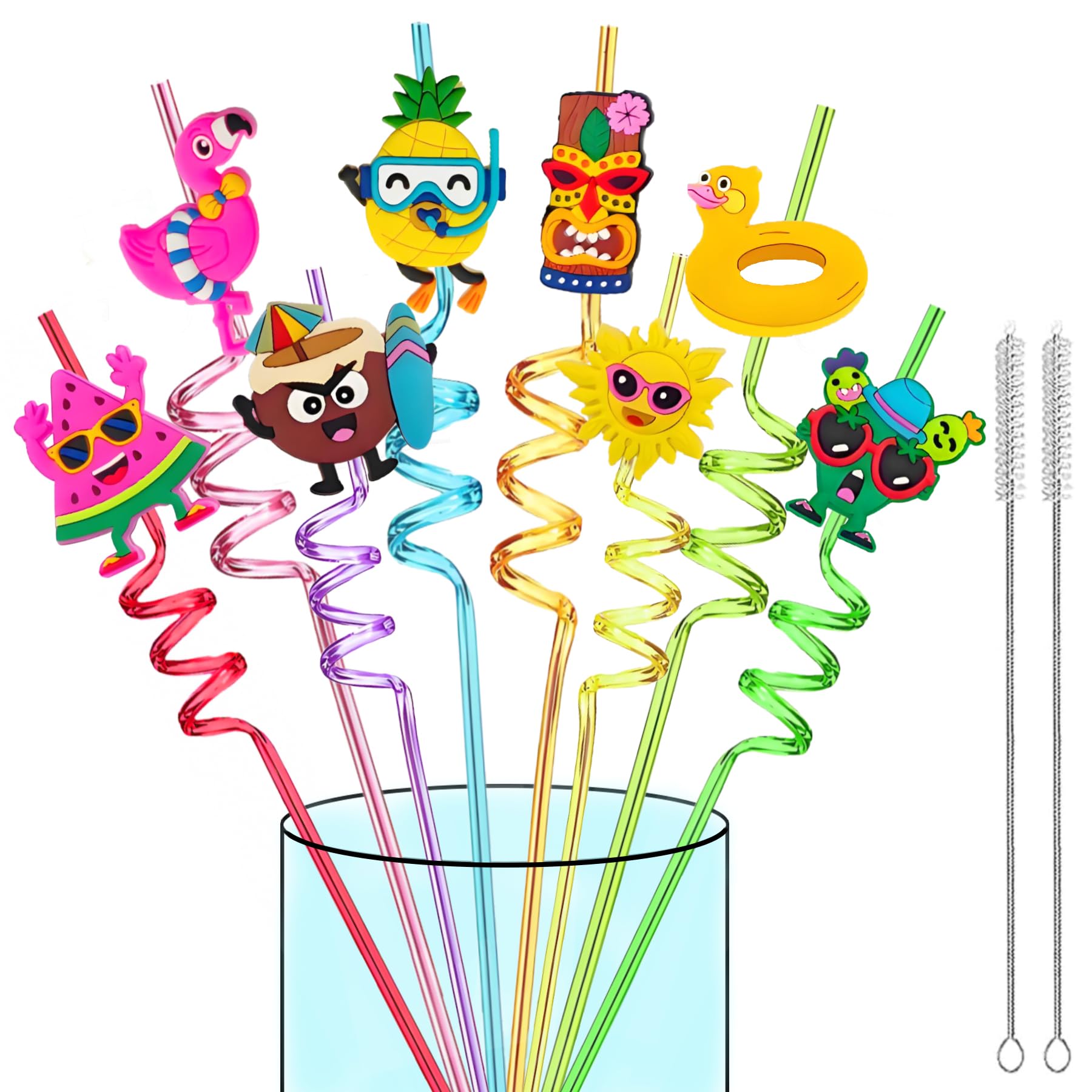 Photo 1 of Hawaiian Luau Party Favor Drinking Straws 24Pcs -Summer Beach Pool Birthday Party Supplies-Crazy Silly Straws -Reusable Plastic Drink Straw for Tropical Luau Theme Party Decorations+2 Cleaning Brushes