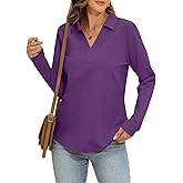 EasyGala Womens Cotton Long Sleeve Polo Shirts Casual V Neck Collared Tops Loose Fit Work Blouses Spring Outfits 2026