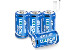 LDLDCHI 4100mWh Rechargeable Lithium C Batteries 4 Pack with 4-in-1 Charging Cable - 1.5V Lithium-ion C Cell Rechargeable Batteries, Over 1000 Cycles, for Flashlights, Clocks, Radios