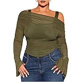 WDIRARA Women's Plus Size 2 in 1 Off Shoulder T Shirt Ruched Sheer Bell Long Sleeve Tee